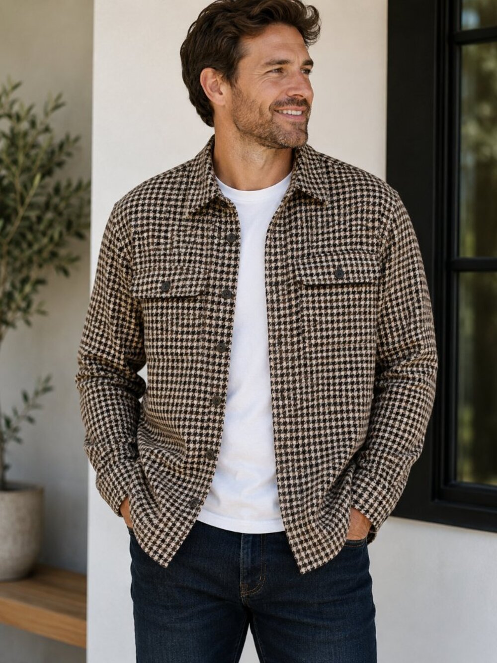 NWT Larsson & Co Men's M Brown Houndstooth Overshirt Button Front Shacket